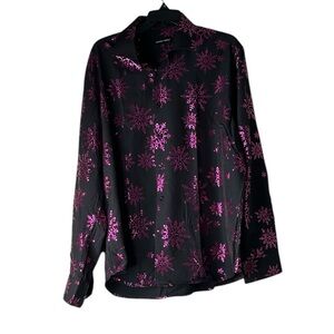 NWOT Barry Wang Black Pink Snowflake Button Down Shirt Size XL